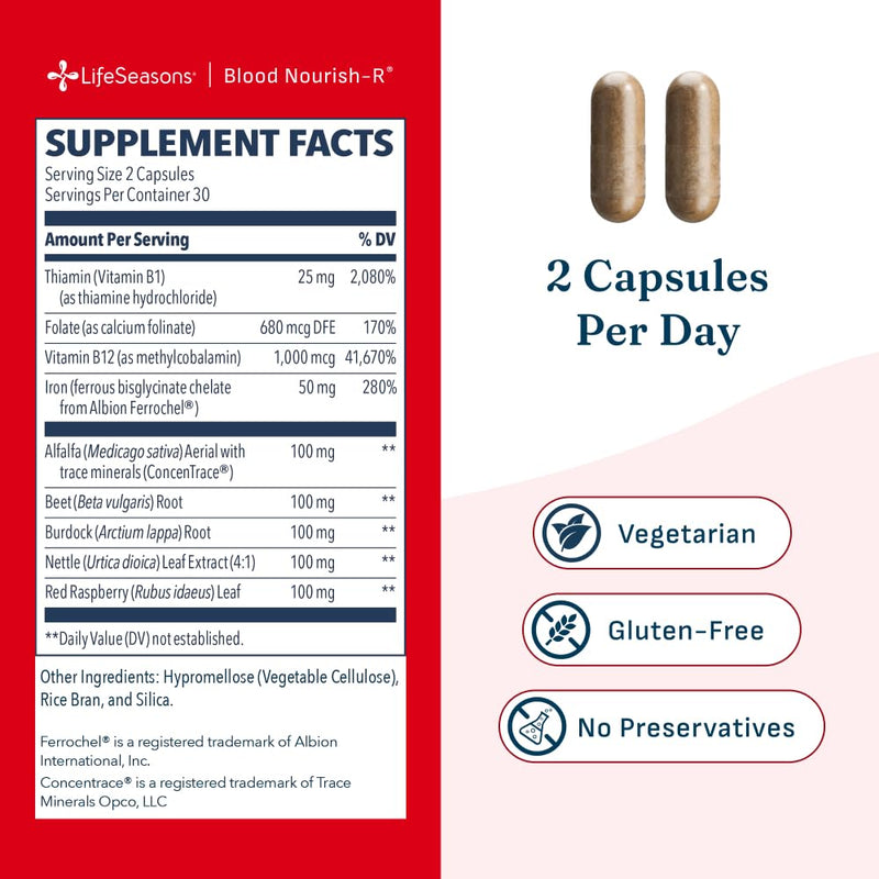 LifeSeasons Blood Nourish-R - Iron Deficiency Supplement - Supports Anemia, Fatigue & Dizziness - No Constipation - Blood Building - Iron, Beet Root, Alfalfa, Raspberry & Vitamin B-12-60 Capsules 60 Count (Pack of 1)