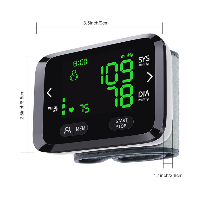 Blood Pressure Monitor Wrist Automatic BP Machine Adjustable Cuff 198 Memory Readings Large Backlit LCD Display with Carrying Storage Bag for Home Use, Medium, Black - BeesActive Australia