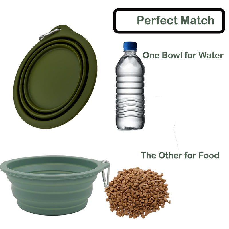 2 Pack Collapsible Dog Travel Bowls (21oz/600ml), 100% Food Grade Silicone Integrated Molding, No Plastic Rim, Portable Pet Feeding Watering Dishes for Outdoors with Clasp, BPA Free Avocado Green+Light Green - BeesActive Australia