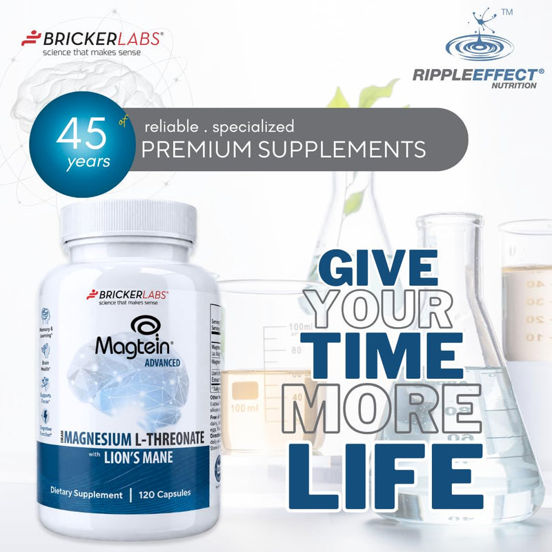 Bricker Labs Magtein & Lion's Mane Magnesium L-Threonate Supplement | Brain Health, Memory & Focus, Cognitive Support, 120 Capsules, Advanced Formula Magtein with Lion's Mane