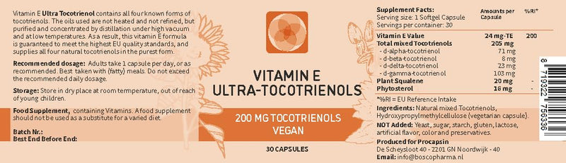 Ultra Tocotrienol 200mg Vitamin E Vegan – All 4 tocotrienols - Alpha Tocotrienol + Beta Tocotrienol + Gamma Tocotrienol + Delta Tocotrienol – No Tocopherols (30) 30