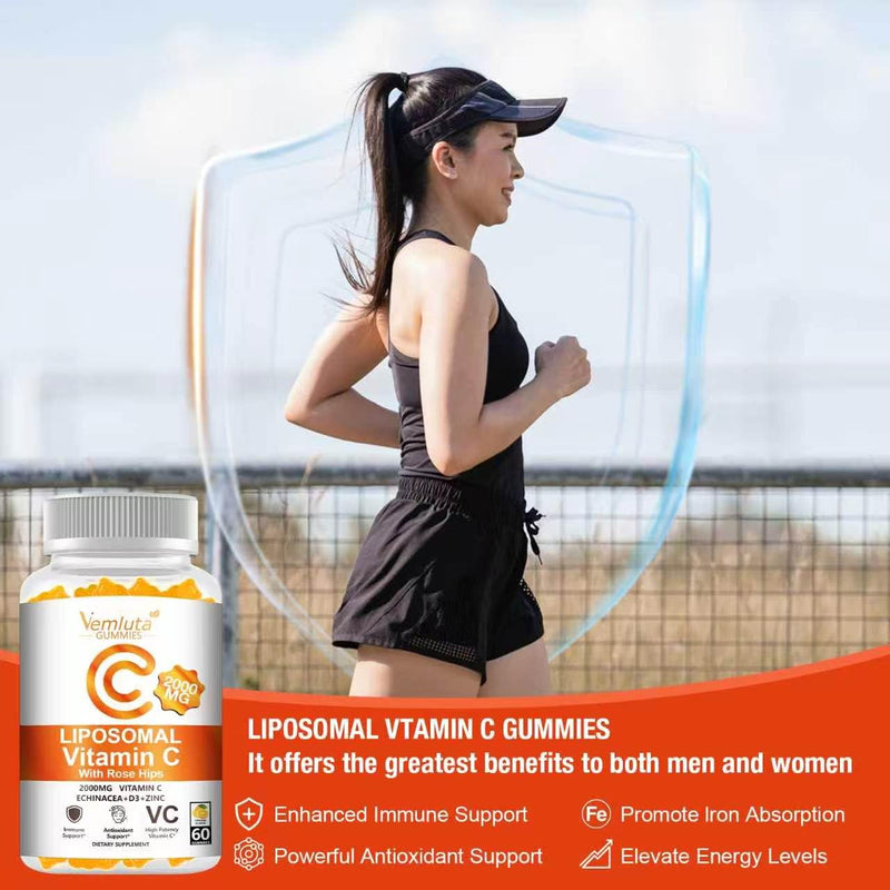 3 Packs Liposomal Vitamin C 2000mg Gummies Complex Rose Hips with D3 5000IU,Elderberry Echinacea,Iron & Zinc for Adults Kids Immune,Antioxidant & Collagen Support,Orange Flavor, 180Count Orange 60 Count (Pack of 3)