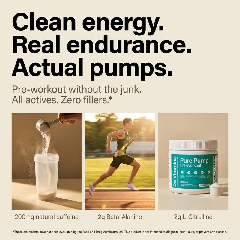 Do Vitamins PurePump Pre Workout Powder for Men & Women, Unflavored | Creatine BCAA, Clean Energy, Zero Fillers, Keto Vegan Paleo, 30 Servings