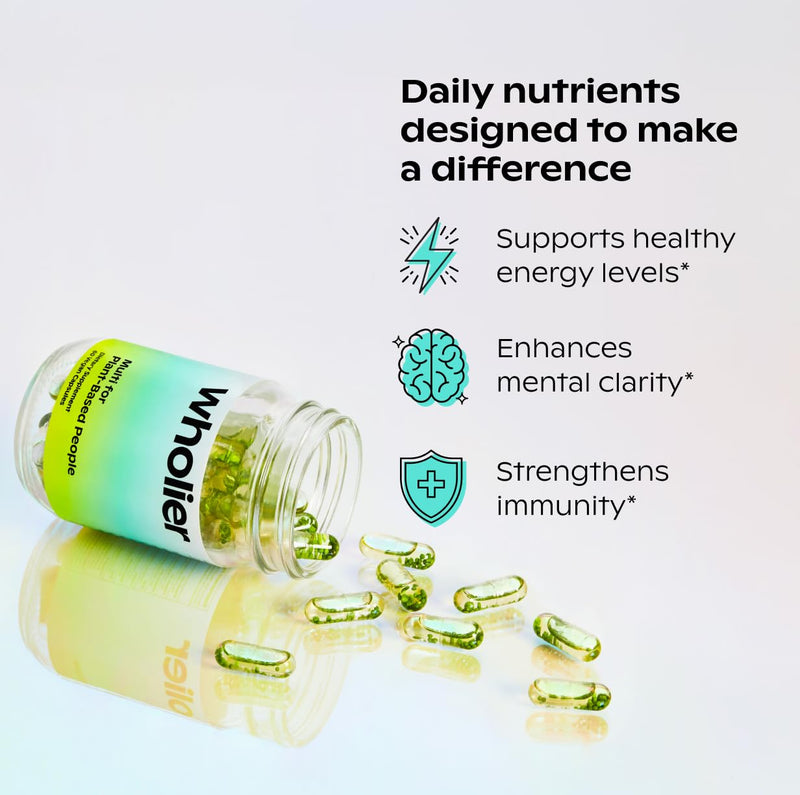 wholier Multi for Plant Based People Vegan DHA Omega 3 B12 Iron 60 Capsules | Supports Energy, Brain Health & Daily Wellness for Adults with Essential Nutrients Zinc, Iodine, Selenium & Vitamin K2