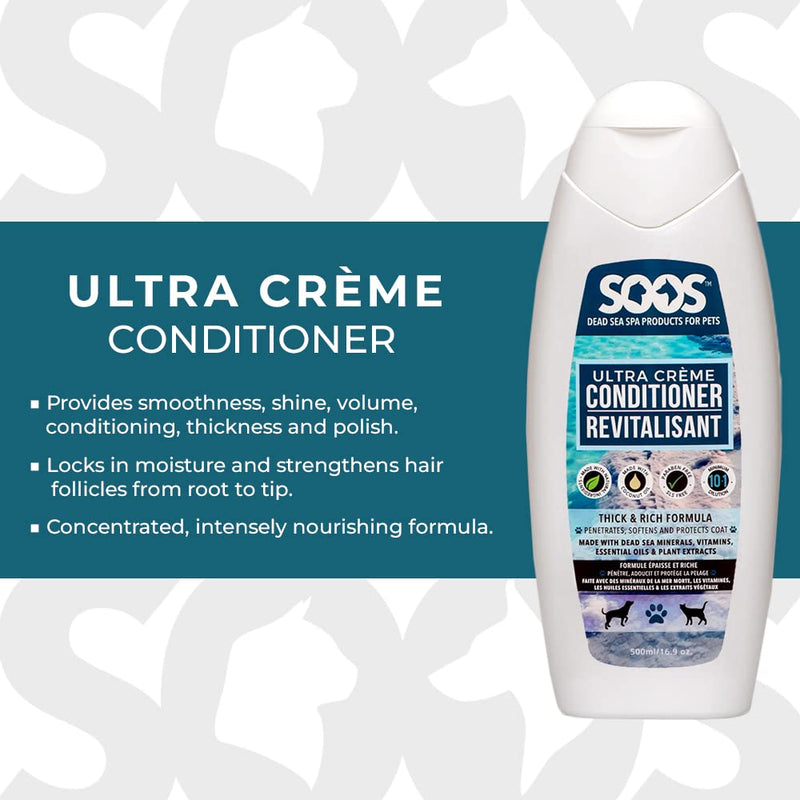 Soos Pet Dog Conditioner for Cats and Pets Ultra Crème Natural Dead Sea Minerals Smoothness Polish Deeply Absorbing with Vitamins Essential Oils Natural Ingredients - 1x Pet Conditioner (500ml) - PawsPlanet Australia