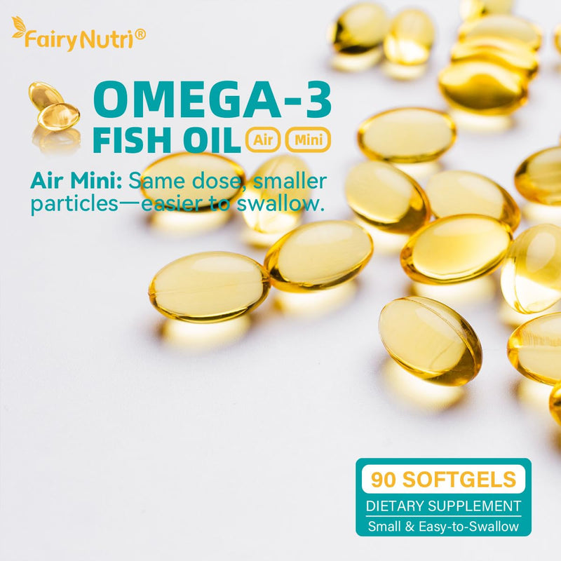 Omega-3 Fish Oil Softgels, 1000mg Per Serving, 350mg EPA + 130mg DHA, Heart & Brain Health Support, Air Mini Small & Easy to Swallow, 90 Count