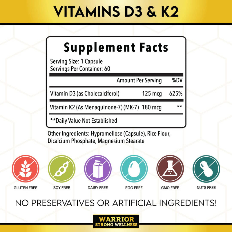 Vitamin D3 and K2 Supplement, 60 Capsules | 5000IU Vitamin D3, 180MCG Vitamin K2, Immune, Heart Health, 2 Month-Supply, Veggie Capsules
