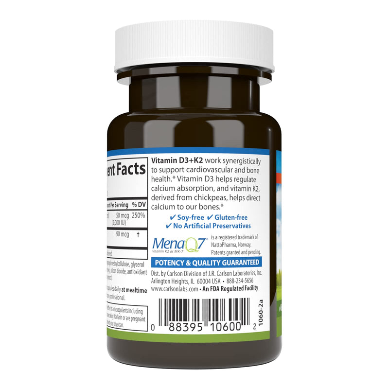 Carlson Vitamin D3 + K2, 50 mcg (2000 IU), Bone Support, 30 Capsules | Vitamin D3 & 90 mcg Vitamin K2 as MK7; Calcium Absorption 30 Count (Pack of 1)