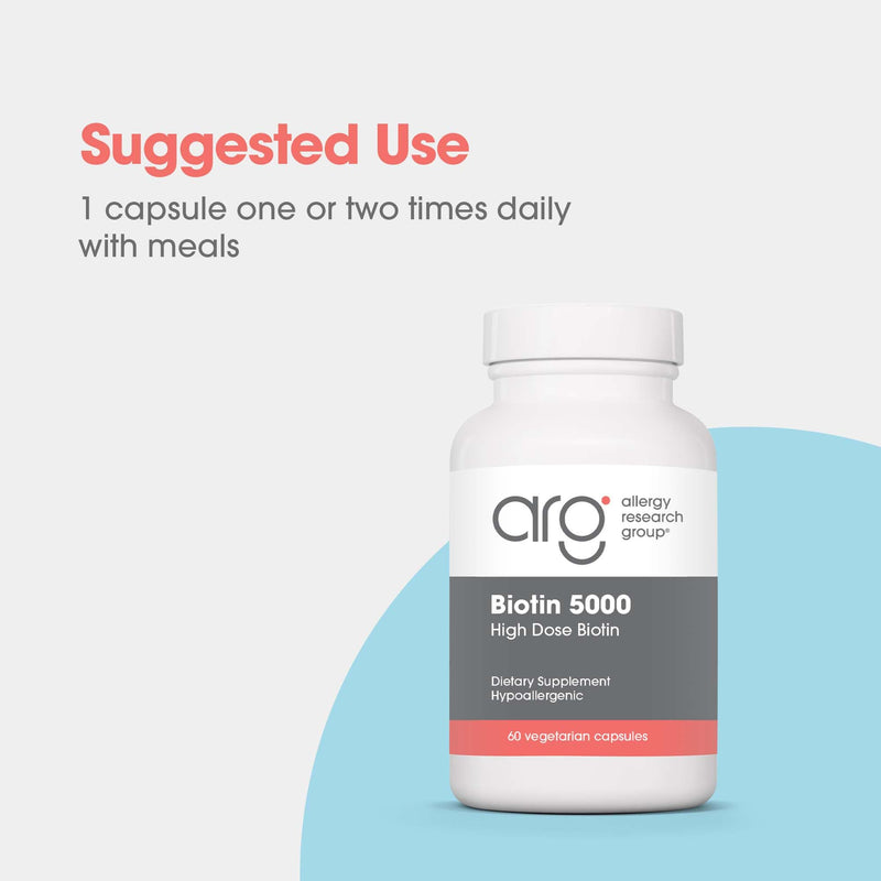 ARG Biotin 5000 mcg, Hair Skin and Nails, 60 Vegetarian Capsules | 5000 mcg Vitamin B Biotin for Metabolism, Energy Production and Hair, Skin and Nail Support, Gluten-Free, 60 Servings