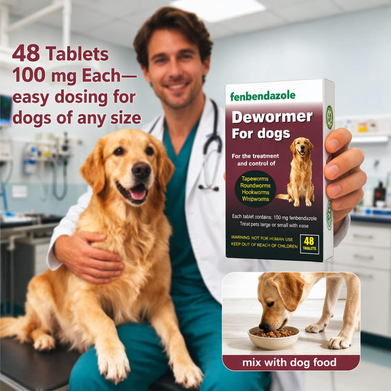 Dewormer for Dogs, Fenbendazole for All Wormers, Roundworms, Tapeworms, Whipworms and Hookworms, 48 Count