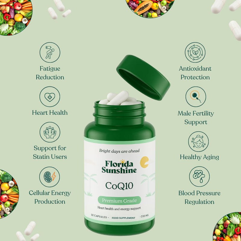 Florida Sunshine Premium CoQ10 200mg 60 Capsules | Heart Health Support | Energy Production | Antioxidant Coenzyme Q10 | Supplement