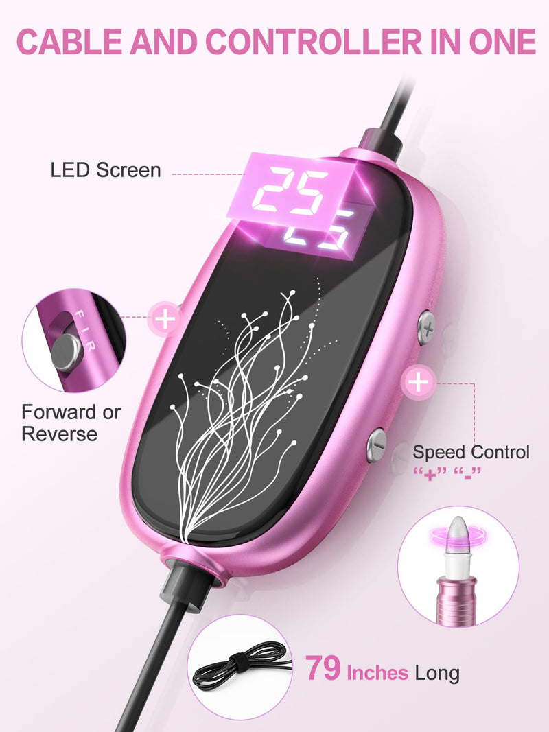 Subay Professional Manicure Pedicure Kit, Electric Nail Drill Set with LED Display, 25000RPM, 11-Piece Attachments Plus 20 Sanding Bands, Nail Grinder Tool for Women Men Baby Pets, with Dust Brush 1.pink - BeesActive Australia