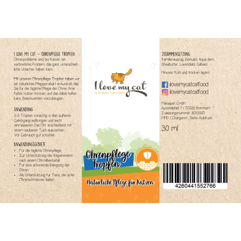 I Love My Cat Ear Care Drops – 30ml. Natural Ear Cleaner for Cats. Helps with Ear Infections & Mite Recovery. Ear drops for cats developed by veterinarians for cat ear care.