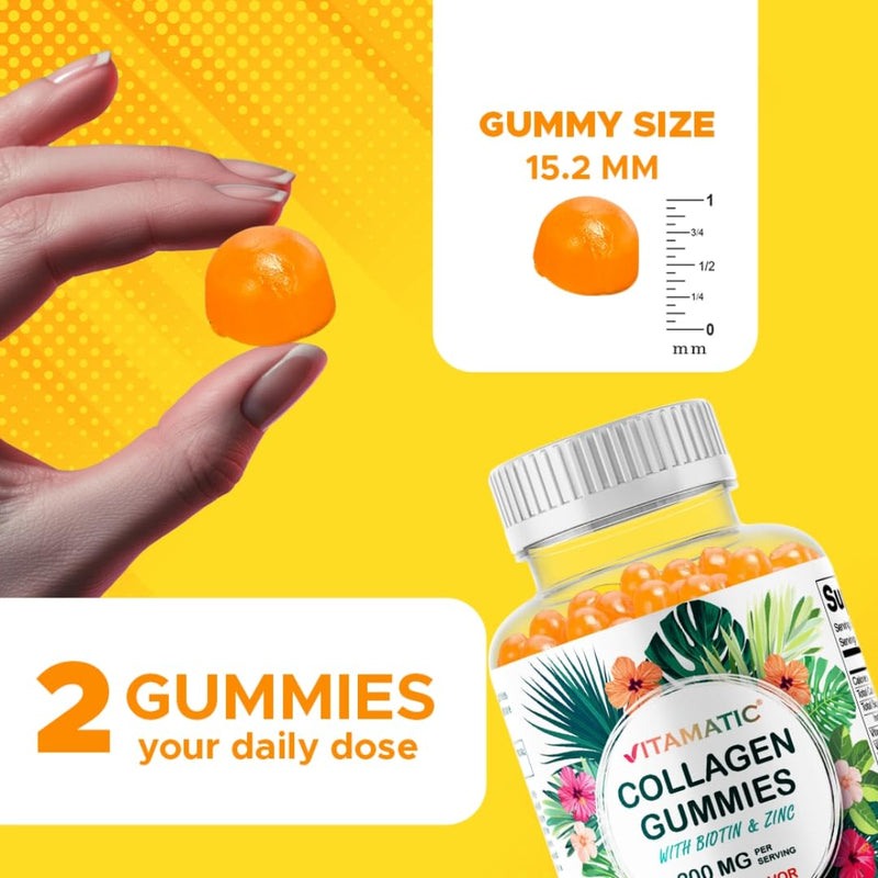 Vitamatic 2 Packs Hydrolyzed Collagen Gummies with Vitamin C, Zinc and Biotin, 200 mg - 60 Gummies (Total 120 Count)