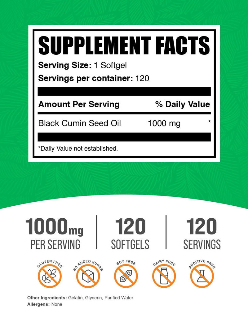 BulkSupplements.com Black Cumin Seed Oil Softgels - Black Cumin Seed Oil 1000mg - Gluten Free, 1 Softgel per Serving, 120 Count (Pack of 1) 120 Count (Pack of 1)