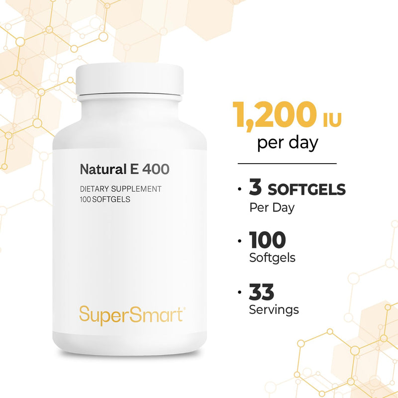 Supersmart Natural E 400 (D-Alpha Tocopherol) 1200IU per Day - High Absorption Vitamin E Supplement | Non-GMO - 100 Softgels