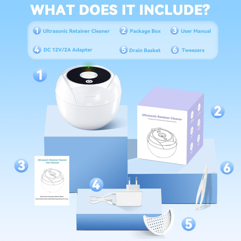 Dental Ultrasonic Retainer Cleaner Machine - 45kHz Cleaning Pod for Dentures, Mouth Guard, Aligner, Night Guard, Toothbrush Heads & Jewelry, 4 Cleaning Modes, Digital Timer, 200ML Capacity, White