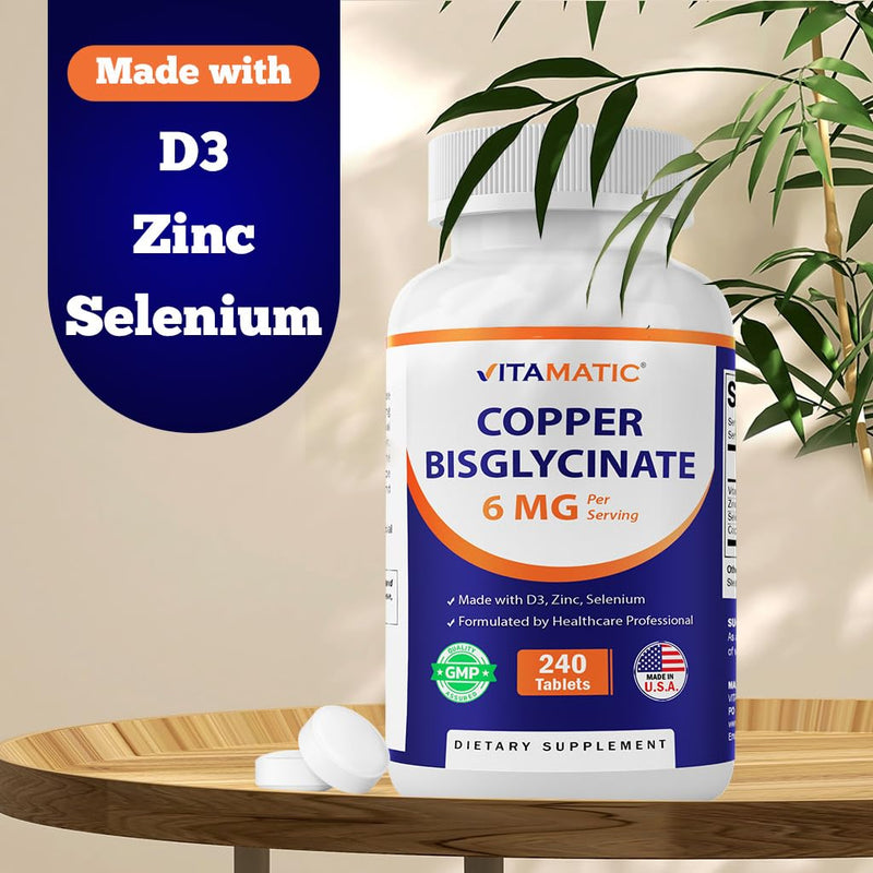 Vitamatic Copper Bisglycinate 6 mg Made with Vitamin D3 2000 IU, Zinc 50mg, Selenium 50mcg - 240 Tablets - Non-GMO & Gluten Free