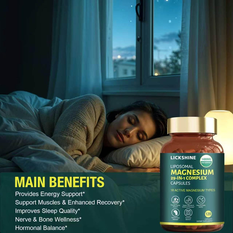 29-in-1 1400mg Liposomal Magnesium Complex for Women & Men Supplement with Glycinate Citrate Malate Oxide - 18 Types Magnesium with Vitamin D3, K2, B6, B12 & Coq10, Support Bone, Muscle, 240 Capsules 2 Packs