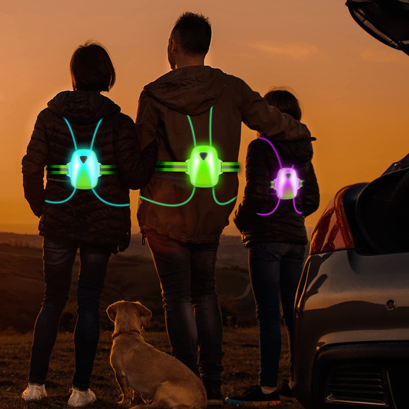 LED Reflective Running Vest Lights for Runners, Running Lights with Front Light, Safety USB Rechargeable Reflective Night Lights For Men/Women Running Walking Cycling, Three Light Modes with 7 Colors Green