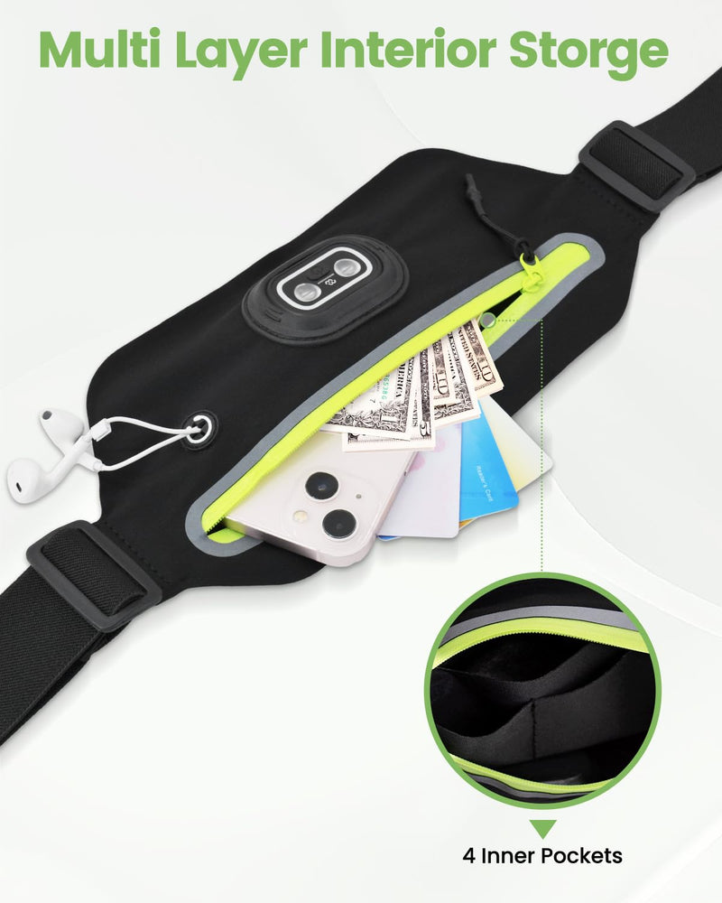 Slim Fanny Pack for Men Women, Running Belt Bag Waist Pack with Removable Rechargeable RGB Night Light & Reflective Tape, Running Pouch Belt Phone Holder with Earphones Hole