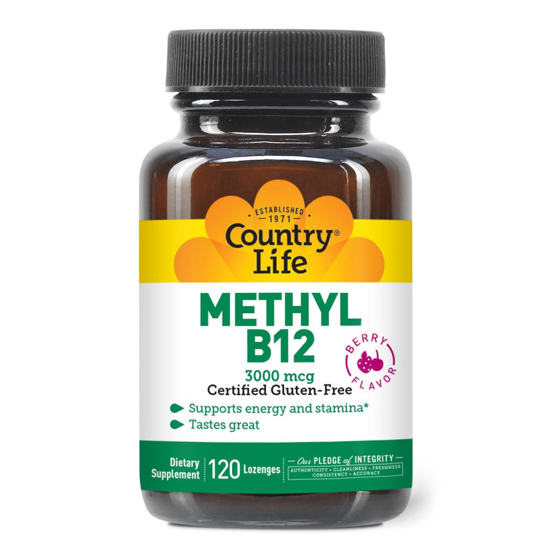 Country Life Methyl B12, 3000 mcg Lozenges, Supports Energy & Stamina, Metabolism & Red Blood Cell Production, Berry Flavor, 120 Vegan Lozenges, Certified Gluten Free & Halal