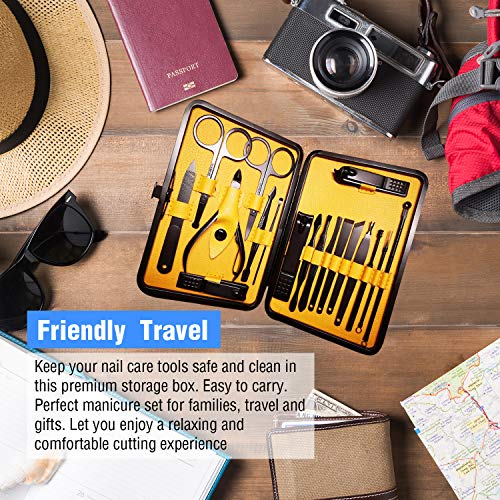Manicure Pedicure Kit Nail Clippers Set 18 in 1 High Precision Stainless Steel Cutter File Sharp Scissors for Men & Women Fingernails & Toenails Vibrissac Scissors with Stylish Case (Yellow_18in1) Yellow_18in1