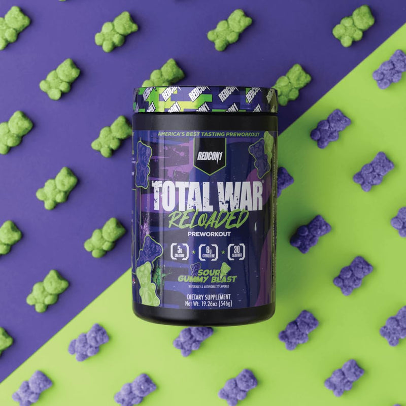 REDCON1 Total War Reloaded Pre Workout, Sour Gummy Bear - Creatine, Beta Alanine + L-Citrulline Malate Keto Friendly for Men & Women with 350mg of Caffeine - Fast Acting (30 Servings) NEW Sour Gummy Bear (Reloaded) - 30 Servings