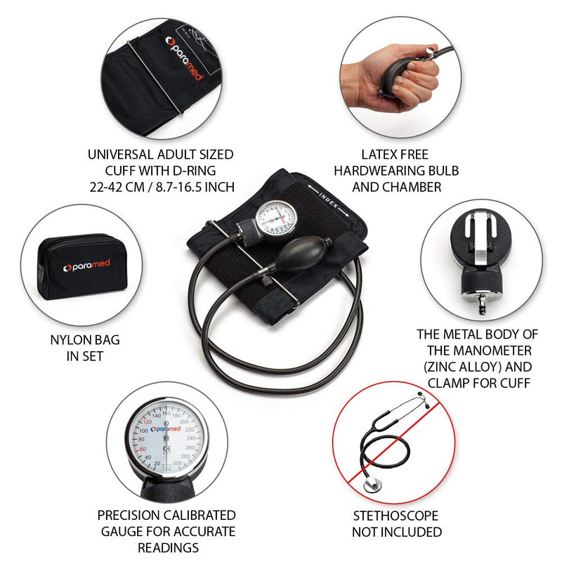 PARAMED Aneroid Sphygmomanometer – Manual Blood Pressure Cuff with Universal Cuff 8.7-16.5" and D-Ring – Carrying Case in the kit – Black – Stethoscope Not Included
