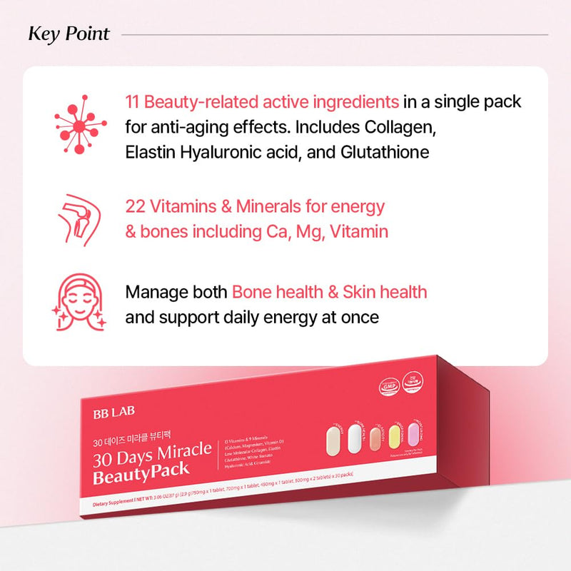 BB LAB 30 Days Miracle Beauty All-in-one Pack, Low Molecular Collagen, Elastin, Glutathione, Ceramide, Hyaluronic Acid, Multivitamins & Minerals, Calcium, Magnesium, Vitamin D