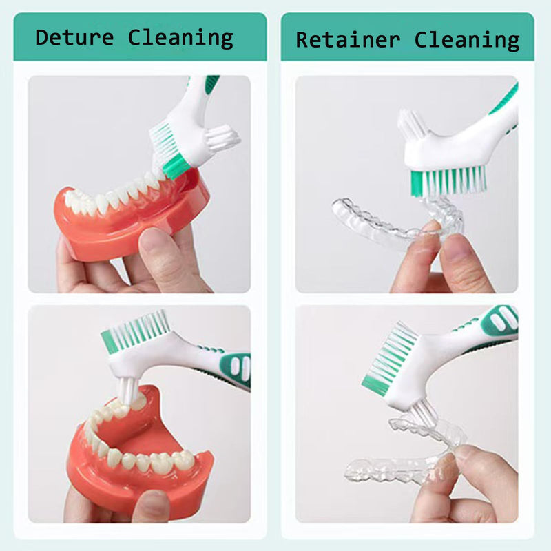 7PCS Denture Bath Case Cup Kit Denture Brush Kit False Teeth Cleaning Tools with 3 Brush, 2 Retainer and Bath Cases with Carry Box, Green Green Case&blue/White