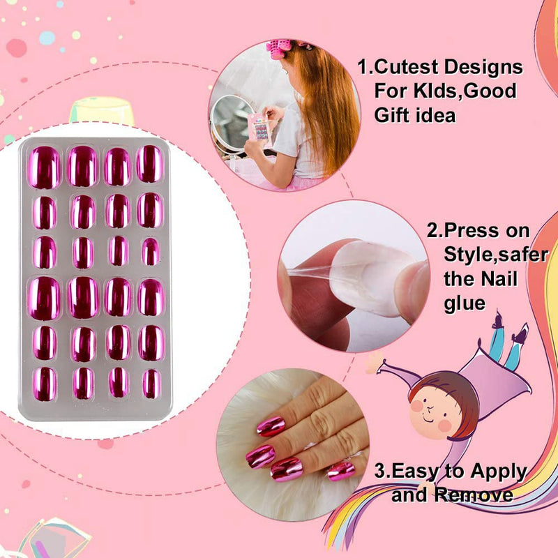 24 Pieces Mirror Chrome Kids Press on Nails Pre-glue Children Mirror Effect False Nails Short Oval Full Cover Artificial Fake Nails Metallic Rose Red Acrylic Nail Tips for Little Girls Gift (Rose Red) - BeesActive Australia