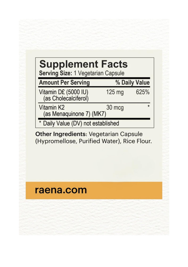 Raena Vitamin D3 Plus K2 Vitamin - Pure & Natural Formula - Easy to Take Capsules - No Artificial Additives - 100% Pure and Natural - 100 Capsules