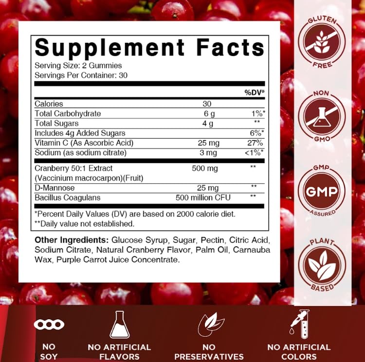 Vitamatic Cranberry + Probiotic Gummies with D-Mannose, 60 Gummies | 50:1 Extract, Supports Urinary Tract Health and Antioxidant*, Natural Cranberry Flavor, Non-GMO, Gluten Free 60 Count (Pack of 1)