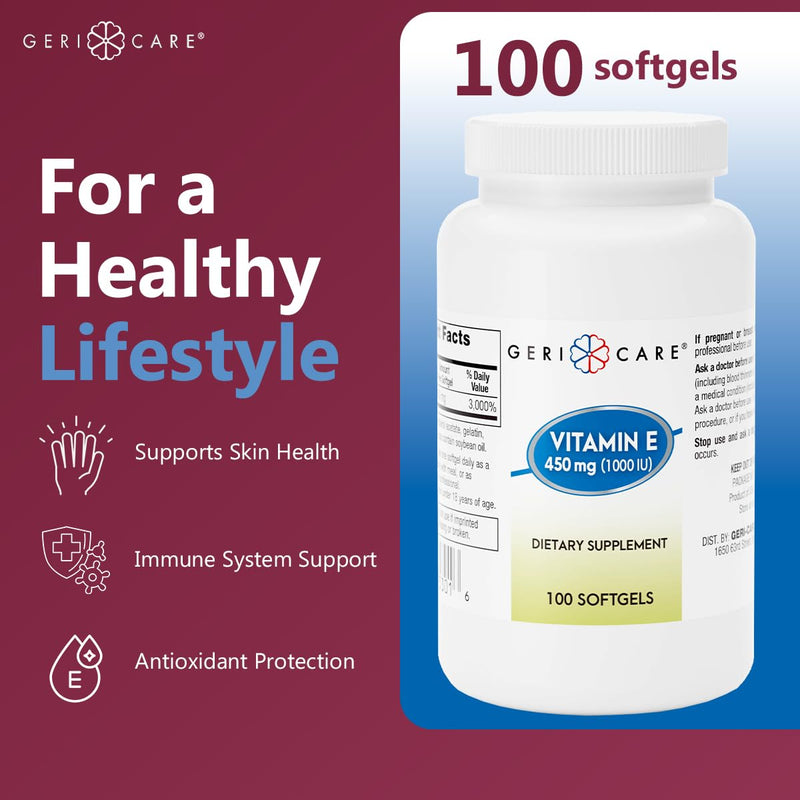 GeriCare High-Potency Vitamin E Capsules, 1000 IU for Skin & Immune Support, 450mg Organic Vitamin E for Women and Men, 100 Count (Pack of 1) 100 Count (Pack of 1) Softgel - 450mg