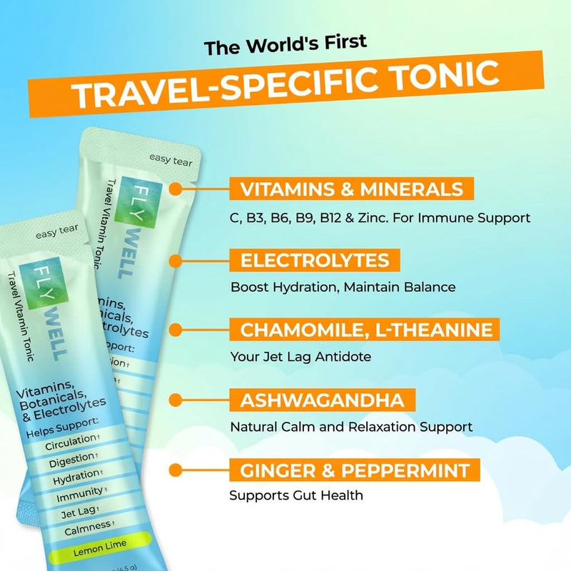 Travel Vitamin Tonic for Flights, Hydration, Circulation, Digestion & Immune Support, Electrolyte Powder, Travel Essentials, Lemon Lime, 15 Sticks