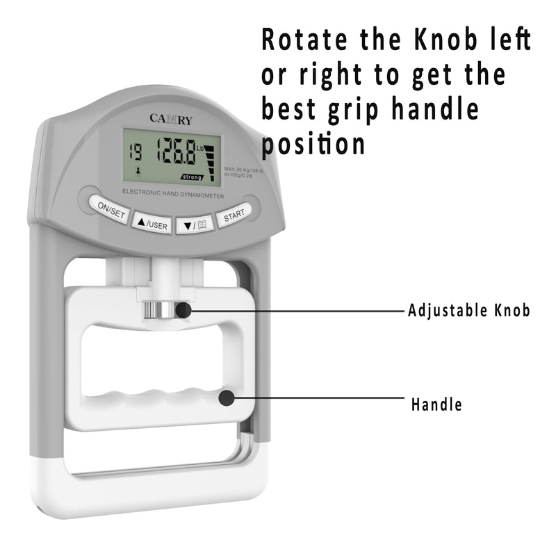 CAMRY Digital Hand Dynamometer Grip Strength Measurement Meter 198Lbs / 90Kgs Auto Capturing Electronic Hand Grip Power Grey.