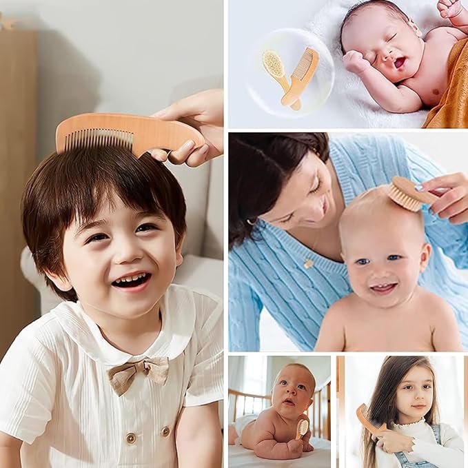 YFFSFDC Baby Hair Brush Comb Set of 2 Newborn Comb Set Wooden Handle Natural Wood Goat Hair Anti-Static Baby Gift Newborn Baby Baby - BeesActive Australia