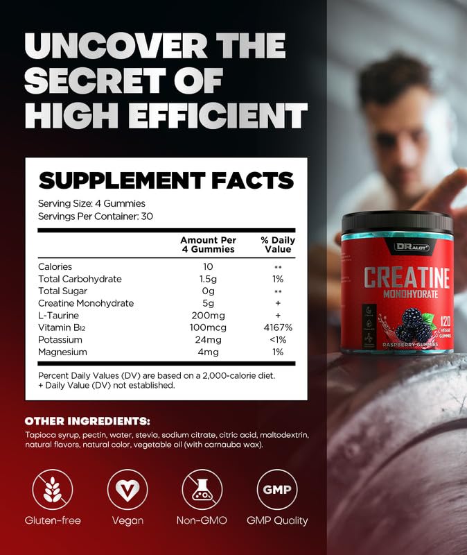 99.99% Creatine Monohydrate Gummies More 15% Strength, 5X Energy & Muscle Support Pre-Workout Complex Creatine for Women & Men with 5000mg Creatine, L-Taurine, B12, Mg and K, Vegan Blue Raspberry 120 Count (Pack of 1)