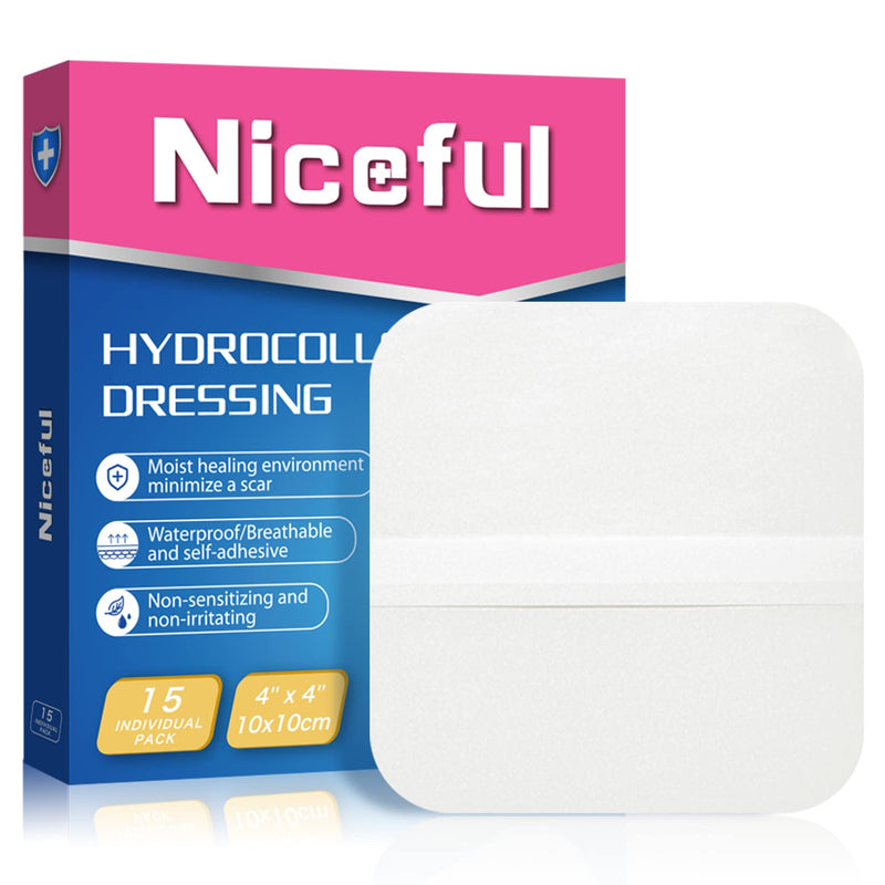 Niceful 15 Count Hydrocolloid Bandages 4x4 in, Hydrocolloid Wound Dressing Healing Bandages for Wounds, Waterproof Wound Dressing Large 4" x 4" (15 Dressings)
