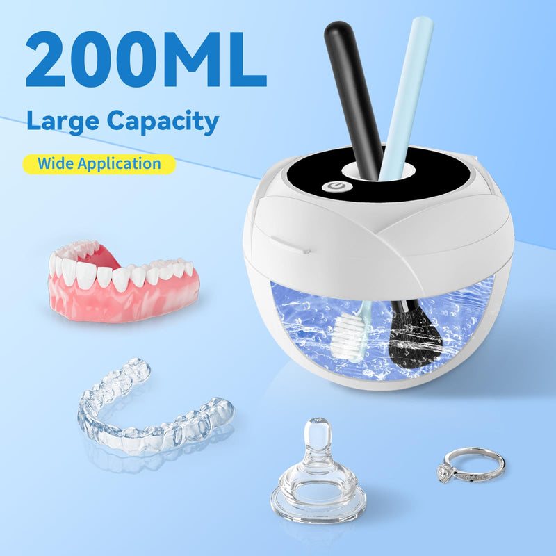 Dental Ultrasonic Retainer Cleaner Machine - 45kHz Cleaning Pod for Dentures, Mouth Guard, Aligner, Night Guard, Toothbrush Heads & Jewelry, 4 Cleaning Modes, Digital Timer, 200ML Capacity, White