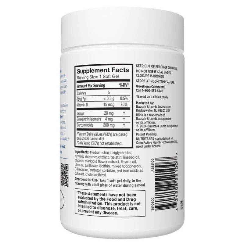 BLINK NutriTears Clinically Proven Supplement for Dry Eyes,Eye Care with Lutein & Zeaxanthin and Vitamin D to Hydrate Eyes from Within for Long-Lasting Relief,50 Softgels,(Pack of 2) NutriTears Supplement (50 Count) (Pack of 2)