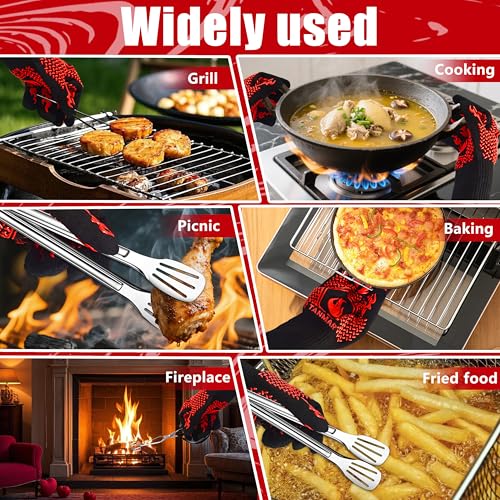 BBQ Grill Gloves, 1472°F Extreme Heat Resistant Grilling Gloves Non-Slip Oven Mitts Potholder, Perfect for Barbecue, Cooking, Baking, Fireplace, Smoker - 2 Pair (Red and Black) Flame Red and Black