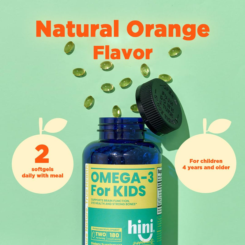 HINI Omega-3 for Kids- Omega 3 DHA Vitamins, Immunity Kids, Omega Vitamins for Brain & Eye Health and Strong Bones Support, 2 per Serving /180 Serving