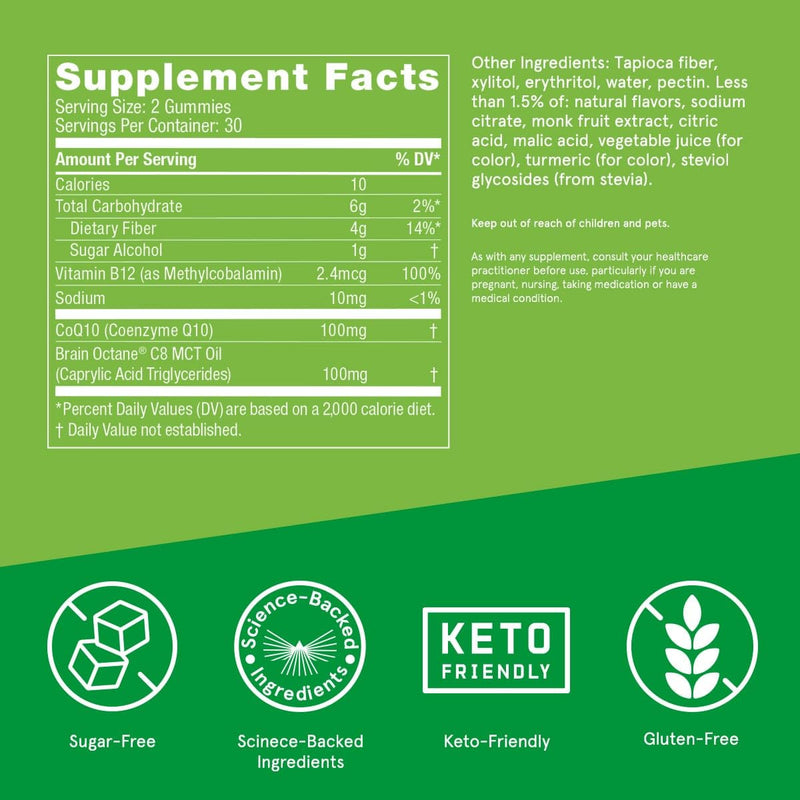 Bulletproof Sugar-Free Tropical Energy Gummies, 60 Count | Supplement for Daily & Sustained Energy with 100mg CoQ10, Daily Value of B12, 100mg Brain Octane Oil