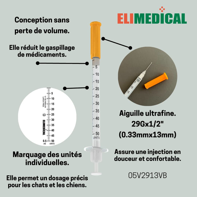 Veterinary Insulin Syringe, U-100, 0.5cc (ml), 29g x 1/2 inch (12.7mm), Individually Packed, for Pet Cat or Dog, 100 per Box, 05V2913VB - BeesActive Australia
