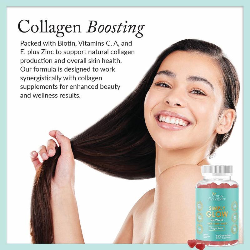 Simply Collagen® Simply Glow Hair, Skin & Nails Gummies – Vegan, Sugar-Free, Gluten-Free – Biotin 5000 mcg – Hair Gummies for Women & Men – 60 Count