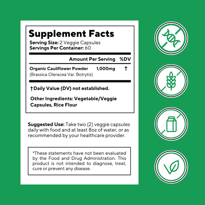 Organic Cauliflower Superfood Veggies Powder Supplement - Natural Sulforaphane, Vitamins, Minerals for Digestion, Energy, Antioxidant Support - 120 Vegetable Capsules, Non-GMO, Gluten-Free Cauliflower 120 Capsules