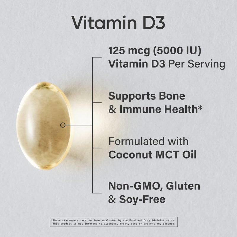 Sports Research Vitamin D3 5000 IU with Coconut MCT Oil - High Potency Vitamin D Supplement for Immune & Bone Support - Non-GMO Verified, Gluten & Soy Free – 125mcg, 360 Liquid Softgels 360 Count (Pack of 1) - BeesActive Australia