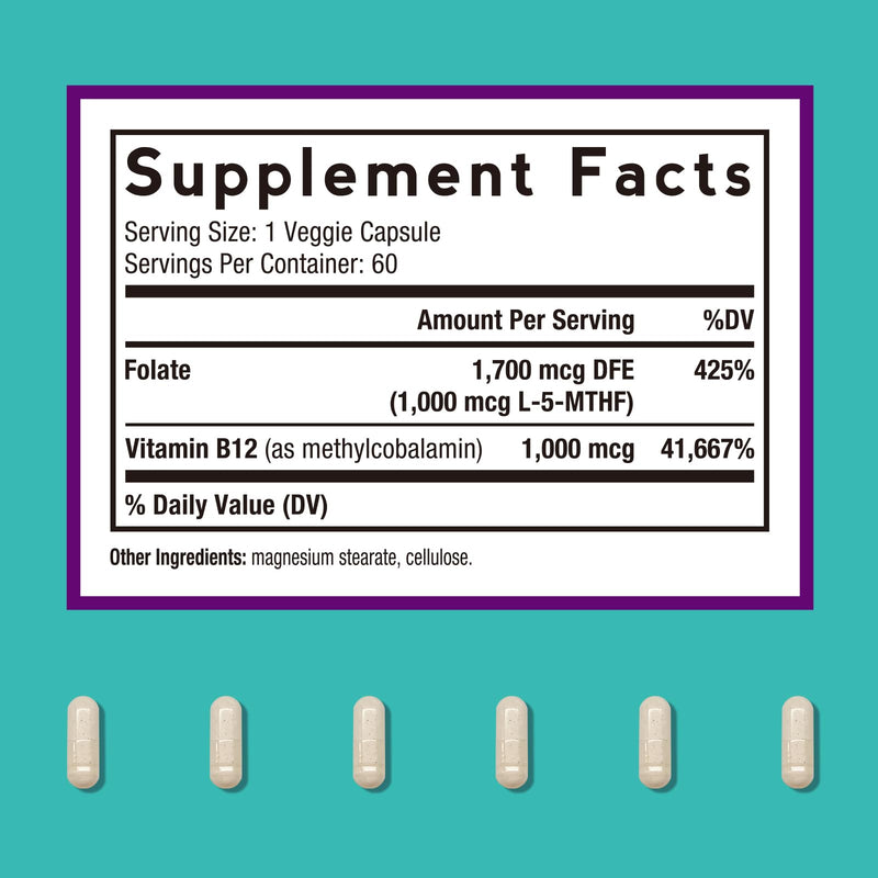 Doctor's Recipes Methyl Folate & B12 Supplement for Women and Men, L-5-MTHF 1000 mcg, Vitamin B12 1000 mcg, Bioactive, Naturally Occurring, High Absorption, Nerve, Energy & Heart Support, 60 Caps